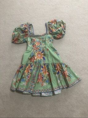 FARM Rio Green Floral Puff-Sleeve Mini Dress